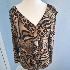 Leopard Animal Print Stretch Ruffle V-Neck Top Medium